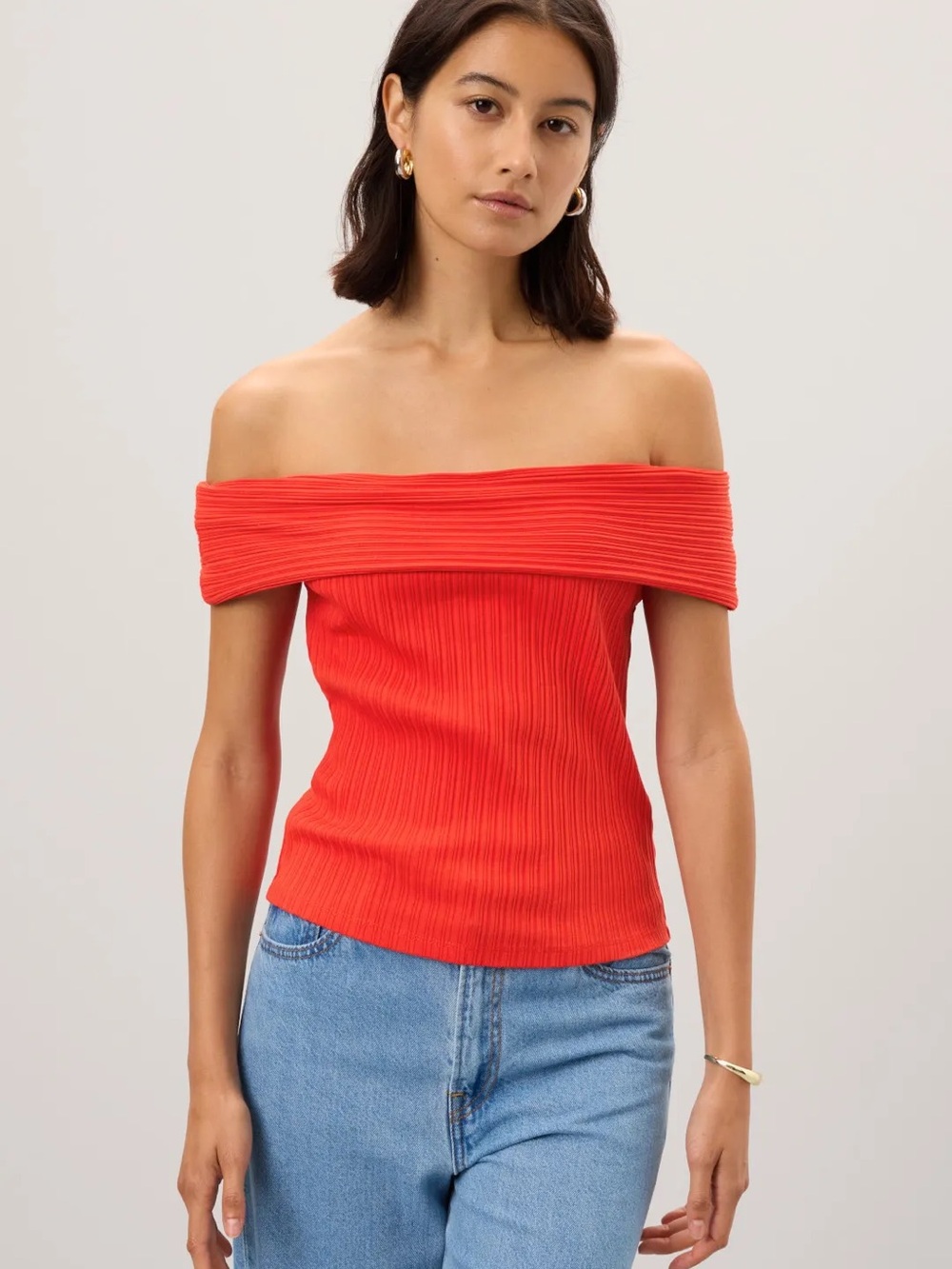 Madewell Poppy Red Ribbed Knit Off the Shoulder Top NWT